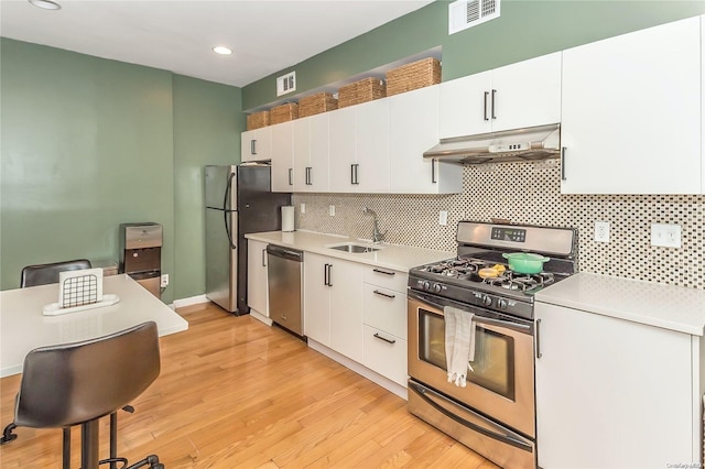 kitchen with white cabinetry, sink, range hood, and appliances with stainless steel finishes