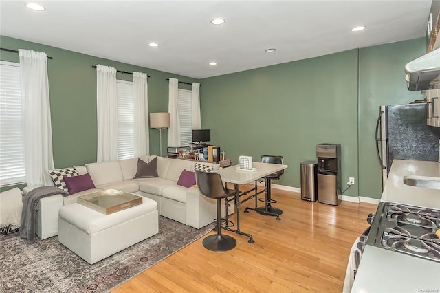 living room with hardwood / wood-style floors and sink