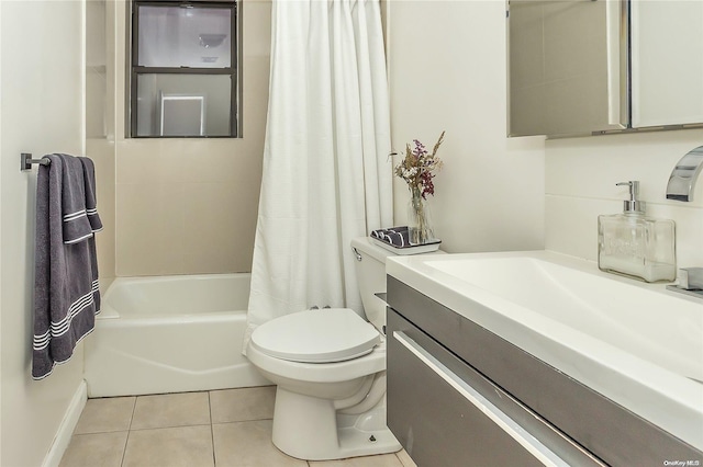 full bathroom featuring toilet, shower / bath combo, vanity, and tile patterned floors