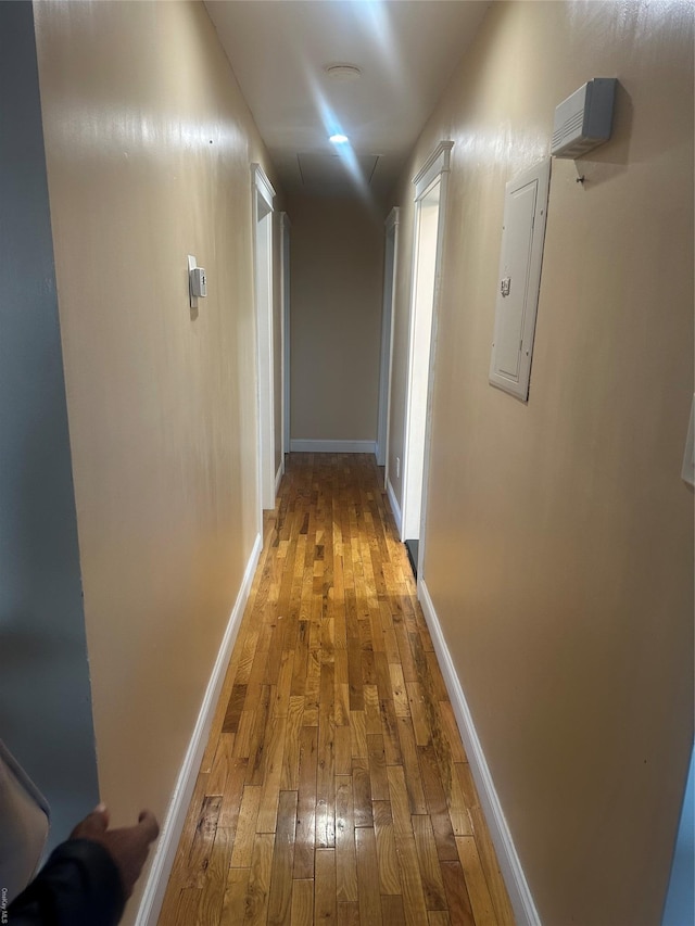 hallway with light hardwood / wood-style flooring and electric panel