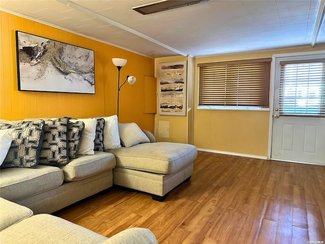 living room featuring hardwood / wood-style floors and ornamental molding