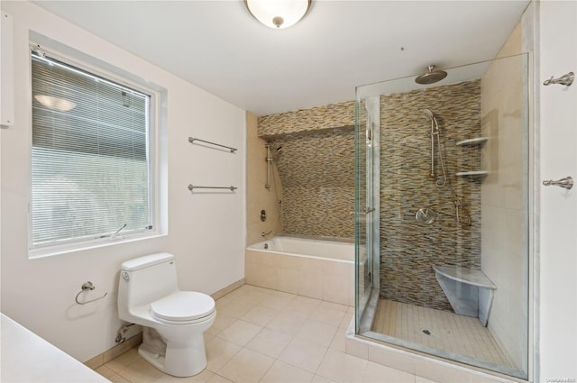 bathroom with separate shower and tub, tile patterned floors, and toilet