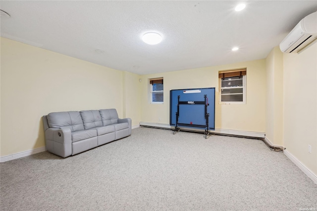 carpeted living room with a textured ceiling, a wall mounted air conditioner, and baseboard heating