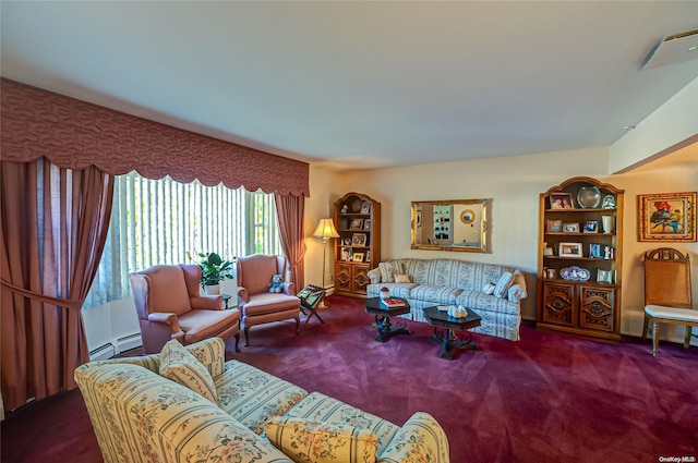 carpeted living room featuring baseboard heating