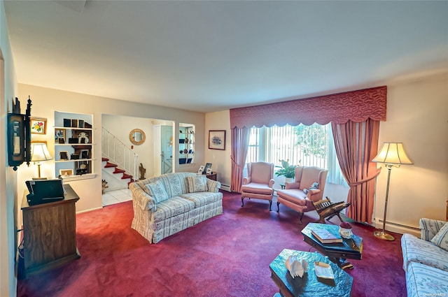 living room with carpet flooring and baseboard heating