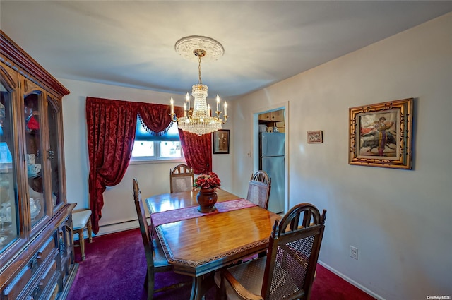 dining area featuring a baseboard heating unit, dark carpet, and a notable chandelier