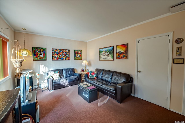 carpeted living room featuring ornamental molding