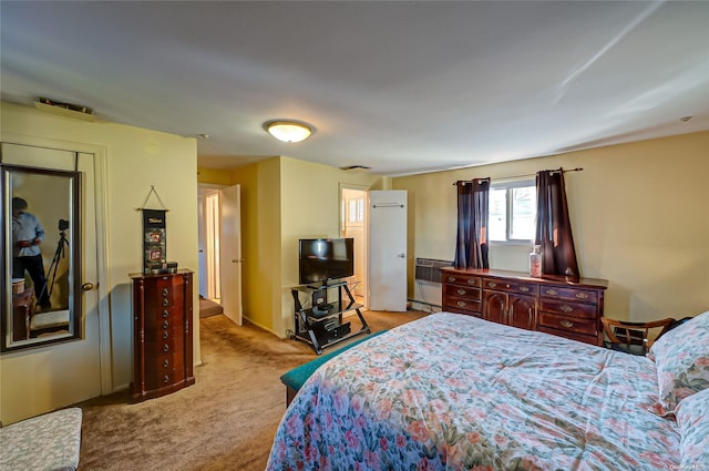 bedroom featuring light colored carpet and a baseboard radiator