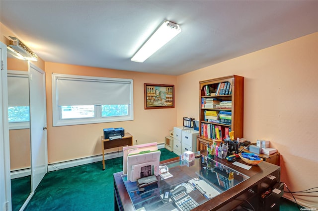 home office featuring dark carpet and a baseboard heating unit