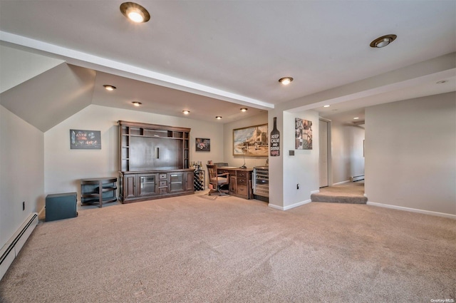 unfurnished living room featuring carpet and a baseboard radiator