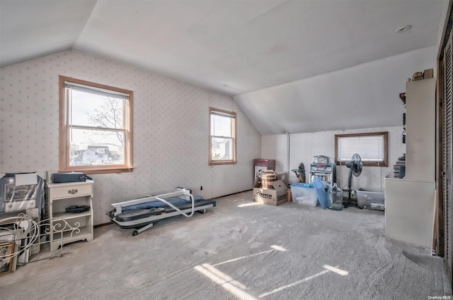 1 Jetmore Pl, Massapequa, NY 11758 - workout room featuring vaulted ceiling, carpet floors, and wallpapered walls