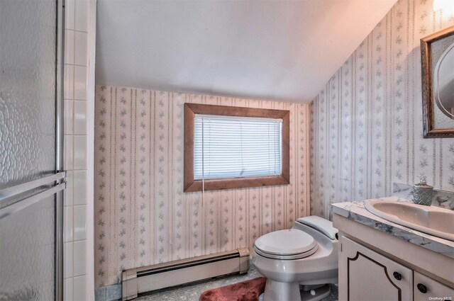 1 Jetmore Pl, Massapequa, NY 11758 - bathroom with a baseboard radiator, vanity, and an enclosed shower
