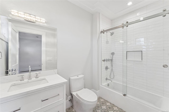 full bathroom featuring vanity, enclosed tub / shower combo, and toilet