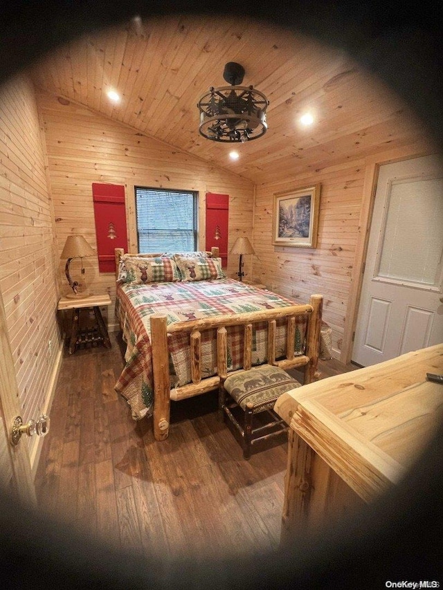 bedroom featuring wood-type flooring, wood ceiling, lofted ceiling, and wood walls