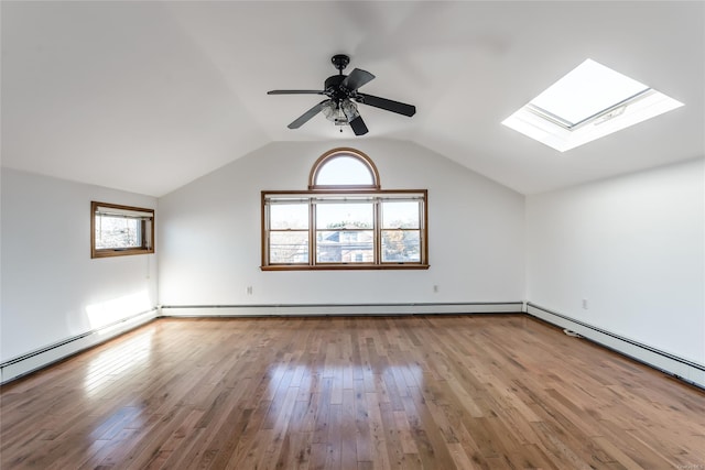 additional living space featuring a wealth of natural light, light hardwood / wood-style flooring, ceiling fan, and lofted ceiling with skylight