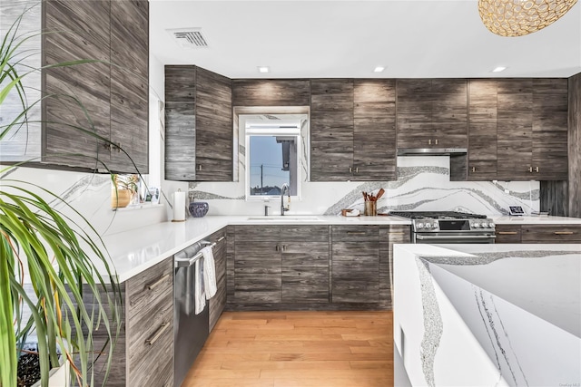 kitchen with sink, light hardwood / wood-style flooring, range hood, appliances with stainless steel finishes, and dark brown cabinets