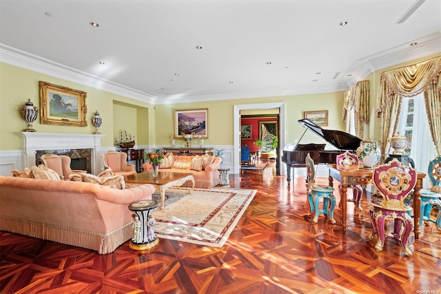 living room with a fireplace, parquet floors, and ornamental molding