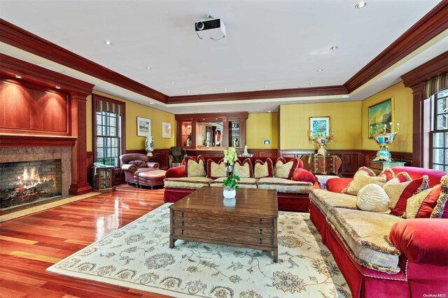 660 Chicken Valley Rd, Matinecock, NY 11560 - living room with crown molding, light wood-style floors, wainscoting, a fireplace with flush hearth, and a tray ceiling