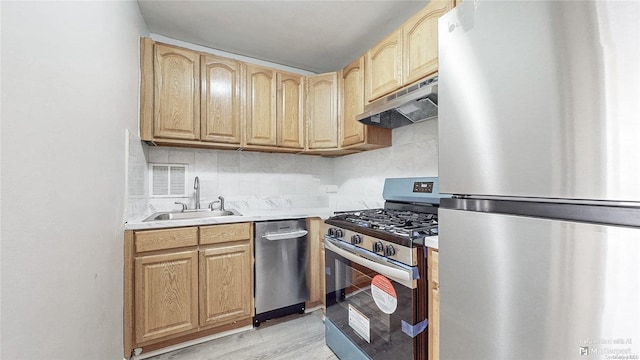 kitchen with decorative backsplash, light wood-type flooring, sink, and appliances with stainless steel finishes