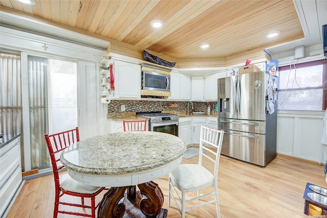 kitchen with light hardwood / wood-style floors, white cabinetry, stainless steel appliances, and wood ceiling