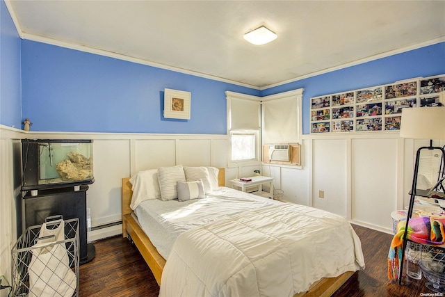 bedroom with dark hardwood / wood-style floors, cooling unit, ornamental molding, and a baseboard radiator