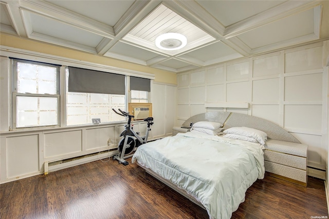 bedroom with beamed ceiling, dark hardwood / wood-style flooring, a baseboard radiator, and coffered ceiling