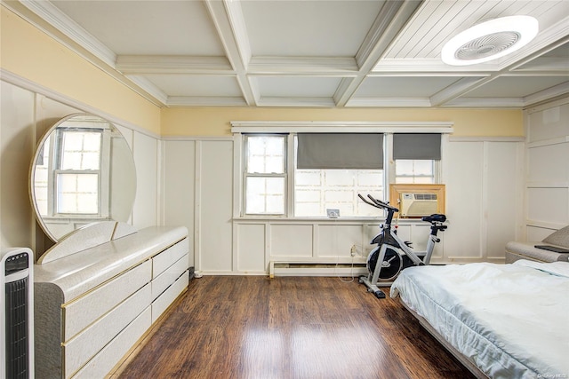 bedroom with multiple windows, dark hardwood / wood-style flooring, beamed ceiling, and coffered ceiling