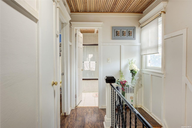 hall with wood ceiling and dark wood-type flooring