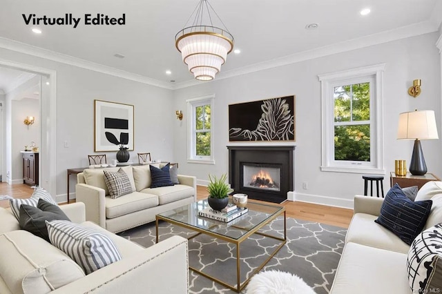 79 Farmview Rd, Port Washington, NY 11050 - living room with plenty of natural light, wood finished floors, recessed lighting, a warm lit fireplace, and ornamental molding