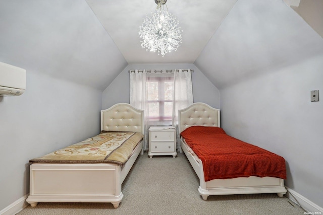 carpeted bedroom with a wall mounted AC and vaulted ceiling