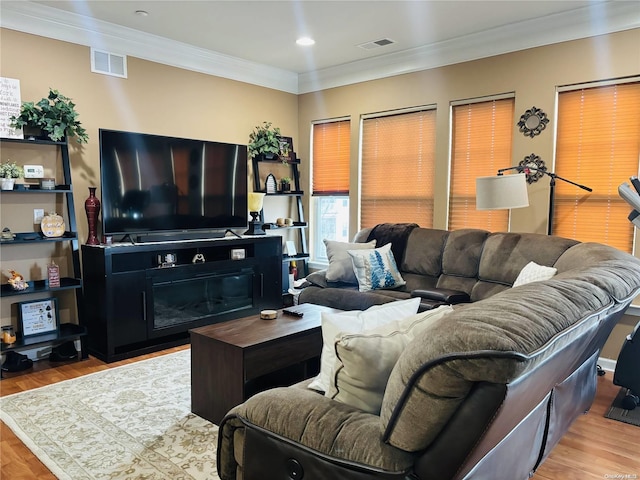 living room featuring light hardwood / wood-style flooring and ornamental molding