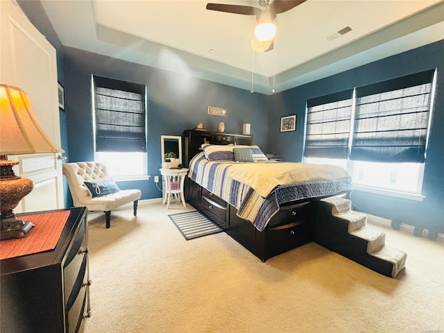 bedroom featuring a tray ceiling, multiple windows, ceiling fan, and carpet floors