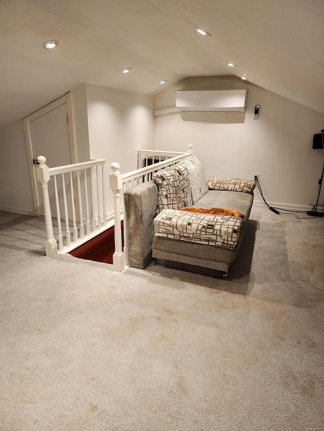 bedroom with vaulted ceiling and carpet