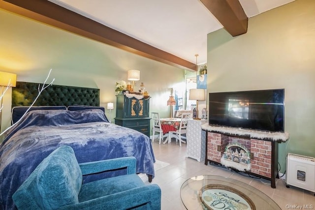 tiled bedroom with beamed ceiling