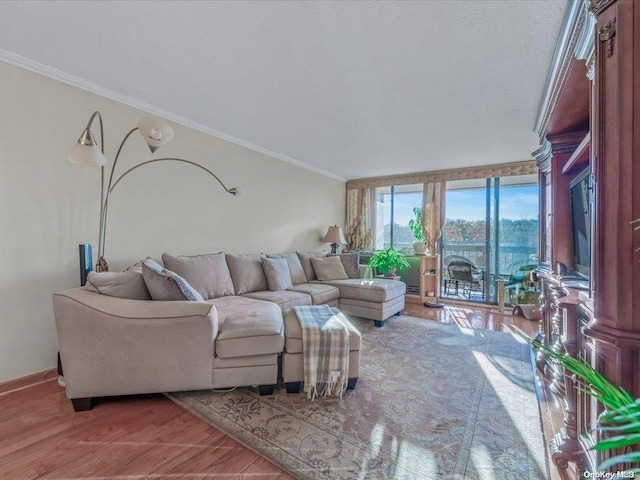 living room featuring a textured ceiling, light wood-type flooring, and crown molding