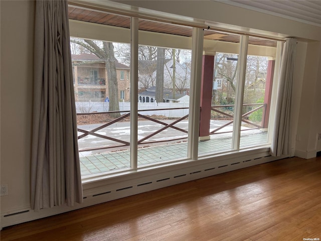 entryway with baseboard heating, a wealth of natural light, and wood-type flooring