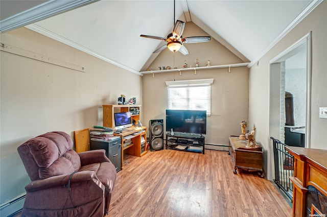 living room featuring lofted ceiling, light wood-type flooring, ornamental molding, and baseboard heating