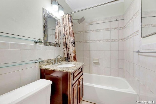 full bathroom featuring tasteful backsplash, toilet, shower / tub combo with curtain, vanity, and tile walls