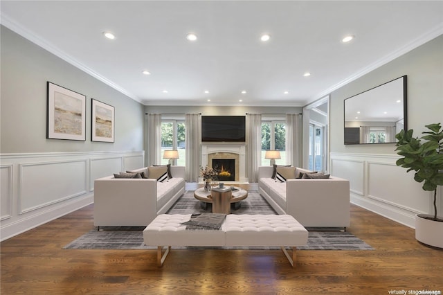 living room featuring dark hardwood / wood-style floors and crown molding