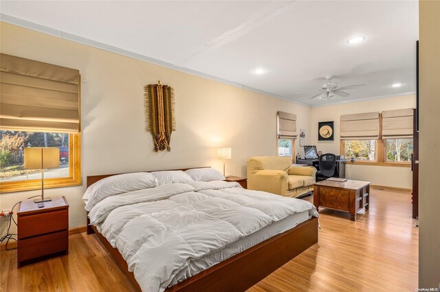 1400 Aldrich Ln, Laurel, NY 11948 - bedroom with ornamental molding, light wood-type flooring, baseboards, recessed lighting, and a ceiling fan