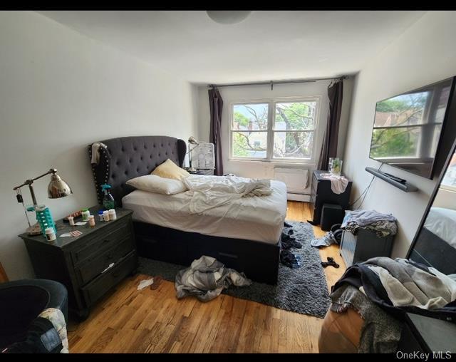 bedroom featuring a baseboard heating unit and light hardwood / wood-style floors