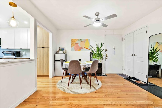 dining space with light hardwood / wood-style flooring and ceiling fan