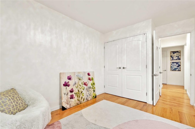 bedroom with wood-type flooring and a closet