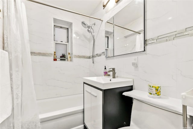 full bathroom with tasteful backsplash, toilet, shower / bath combo with shower curtain, vanity, and tile walls