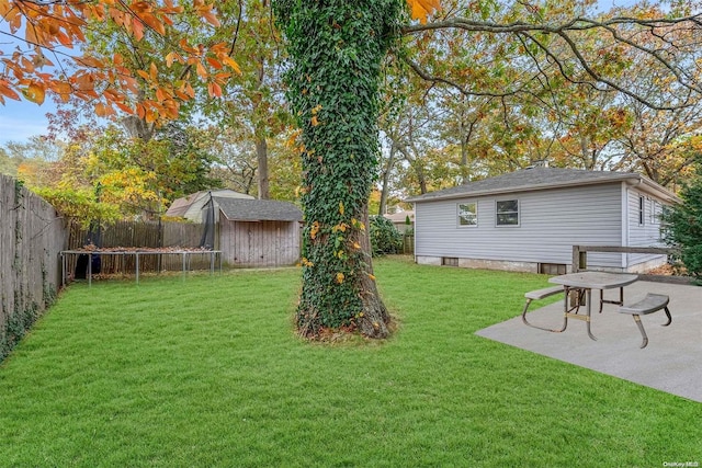 view of yard with a trampoline and a patio