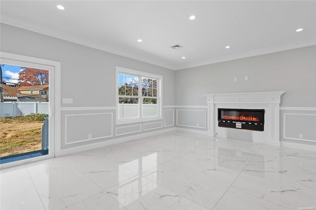 unfurnished living room with crown molding