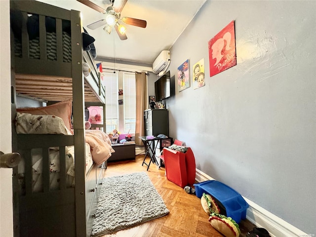 bedroom featuring light parquet flooring, a wall mounted AC, and ceiling fan