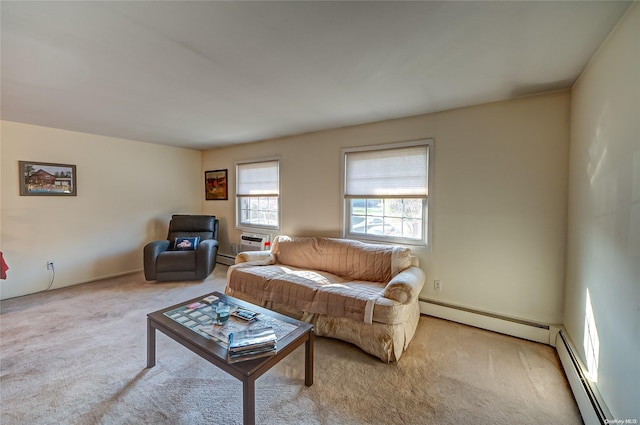 living room featuring light colored carpet and a baseboard heating unit