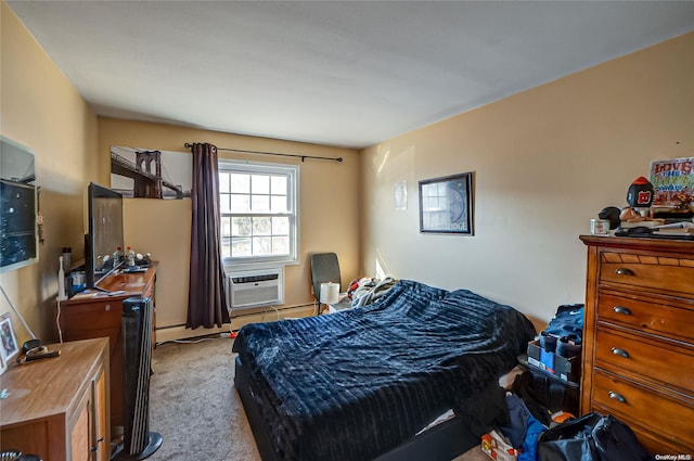 bedroom featuring light carpet and a baseboard radiator