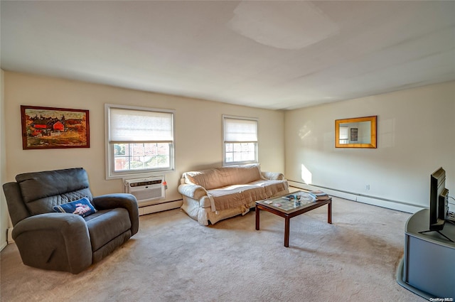 carpeted living room with a wall mounted air conditioner and a baseboard heating unit